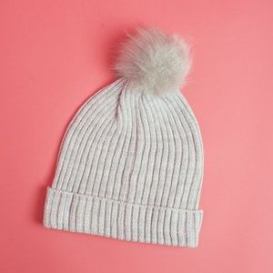 Lightweight Faux Fur Pom Pom Gray Beanie
